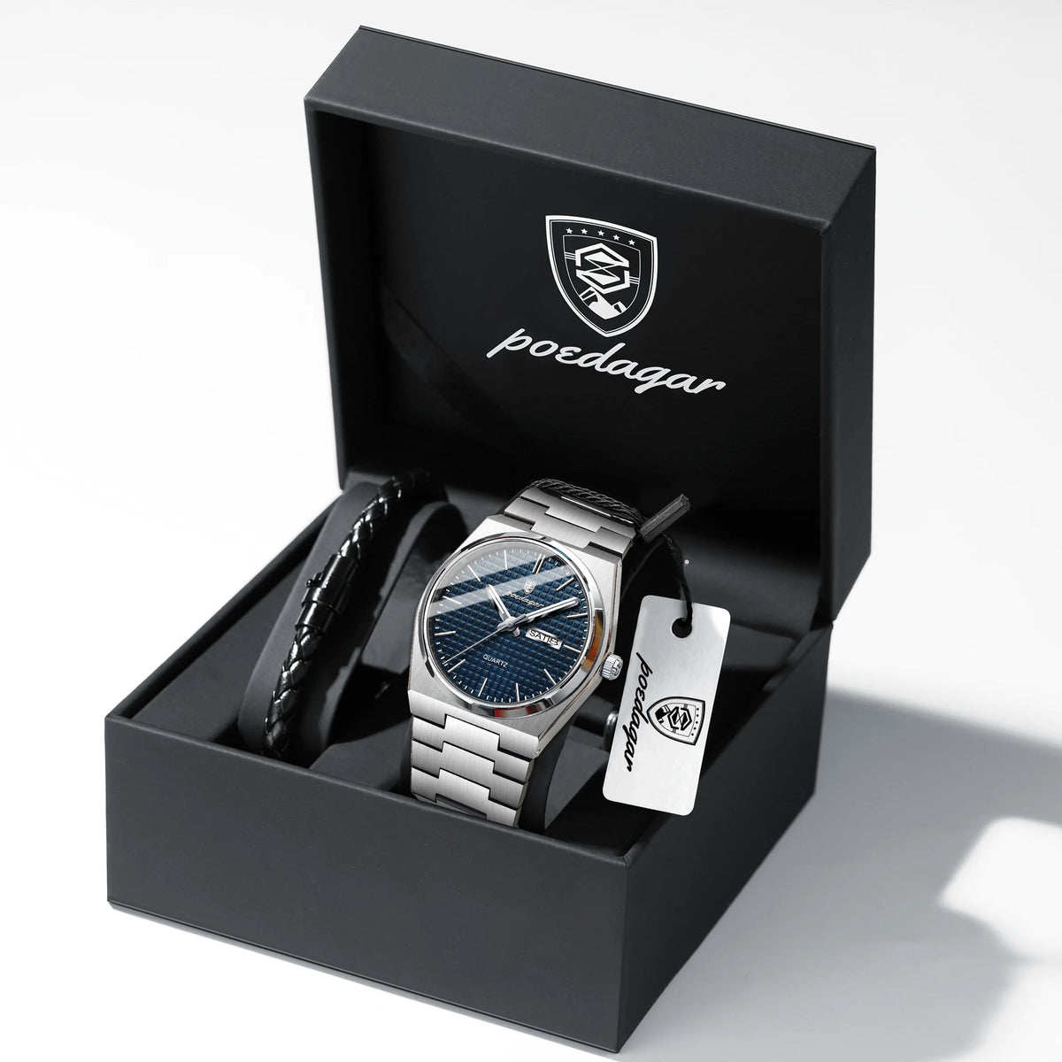POEDAGAR Fashion Couple Watch Waterproof Stainless Steel Men Wristwatch Luminous Date Week Quartz Watches for Boyfriend+Gift Box