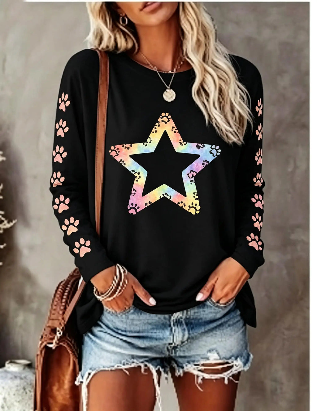 Women Long Sleeve T‑Shirt Rainbow Heart Pet Paw Print Cute Aesthetic Crew Neck Casual Fall Tops