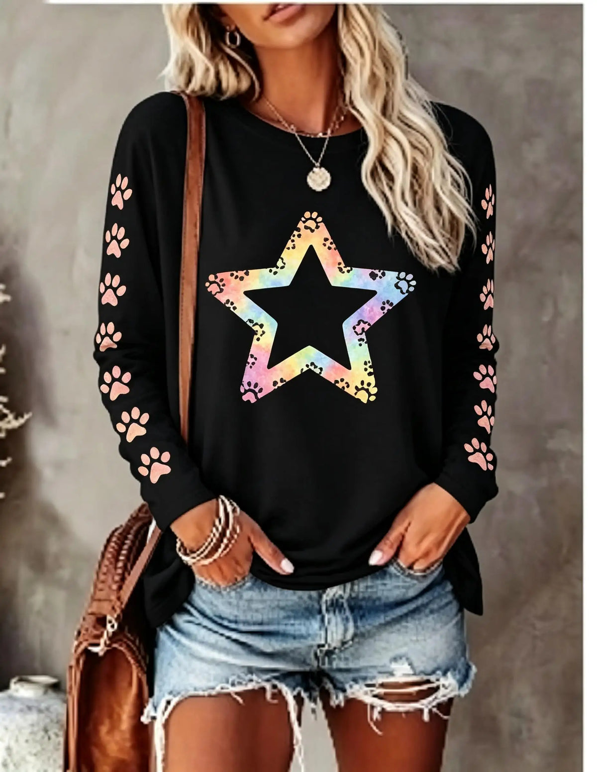 Women Long Sleeve T‑Shirt Rainbow Heart Pet Paw Print Cute Aesthetic Crew Neck Casual Fall Tops
