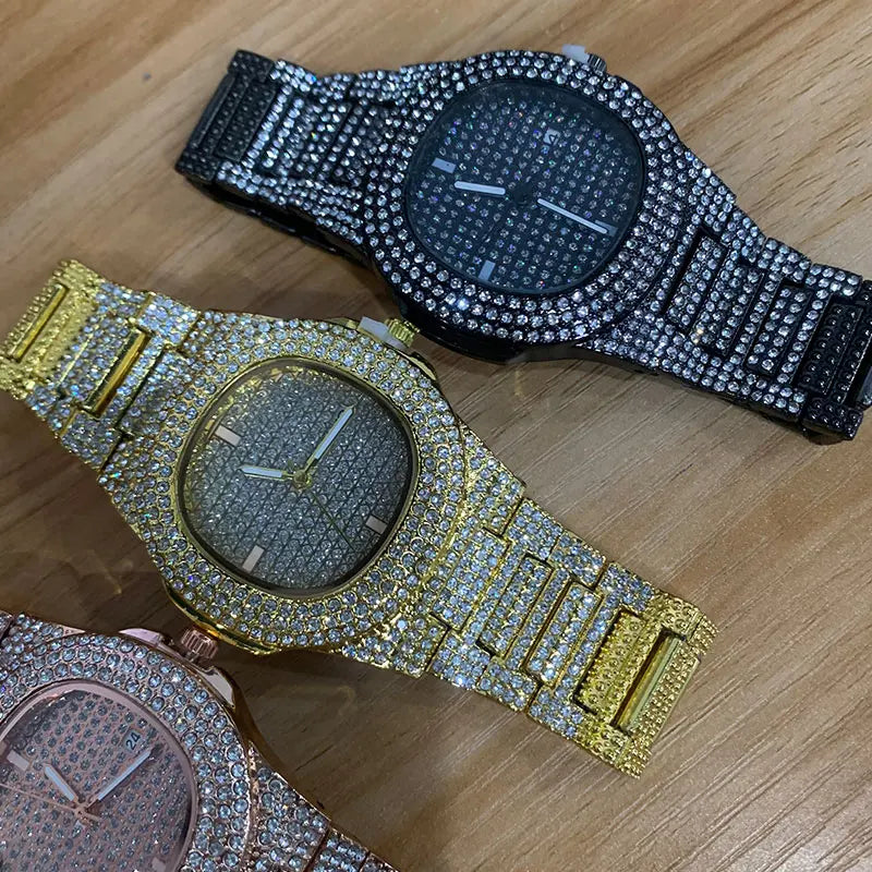 Reloj de moda unisex con diamantes, reloj de cuarzo de acero estilo hip hop, reloj de lujo de marca para hombre y mujer