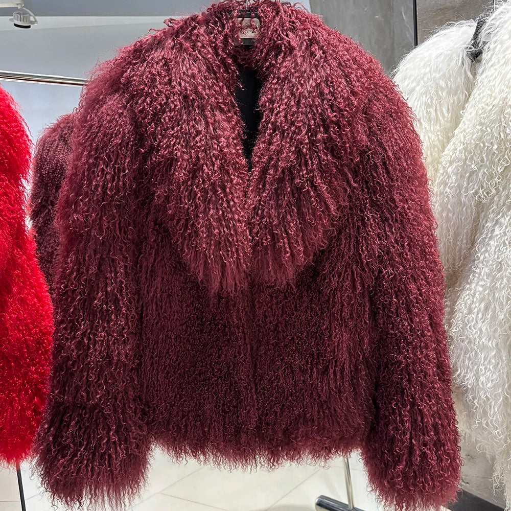 YOLOAgain Women's Real Mongolia Sheep Fur Jacket Dark Brown Sheep Fur Jacket