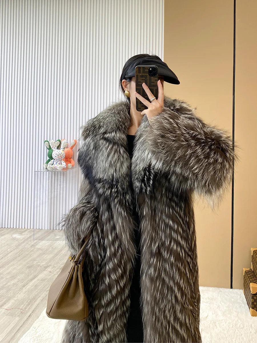 Winter New Ladies 100% Natural Fox Fur Coat With Stripes Long Cardigan Luxury Elegant Plus Size Clothes Coat Can Be Customized