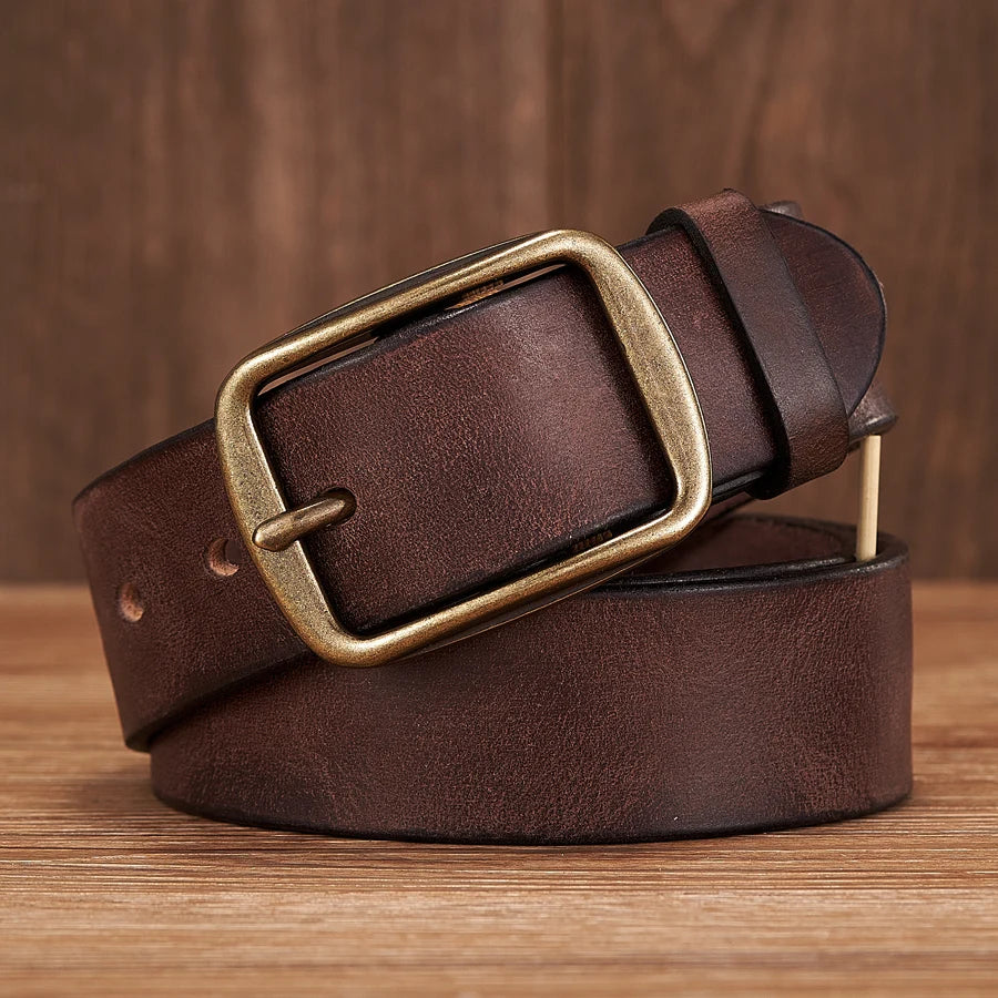 Cinturón de piel auténtica de vaca gruesa con hebilla de pasador de cobre para vaqueros, cinturón informal de moda, correa retro de lujo para hombre