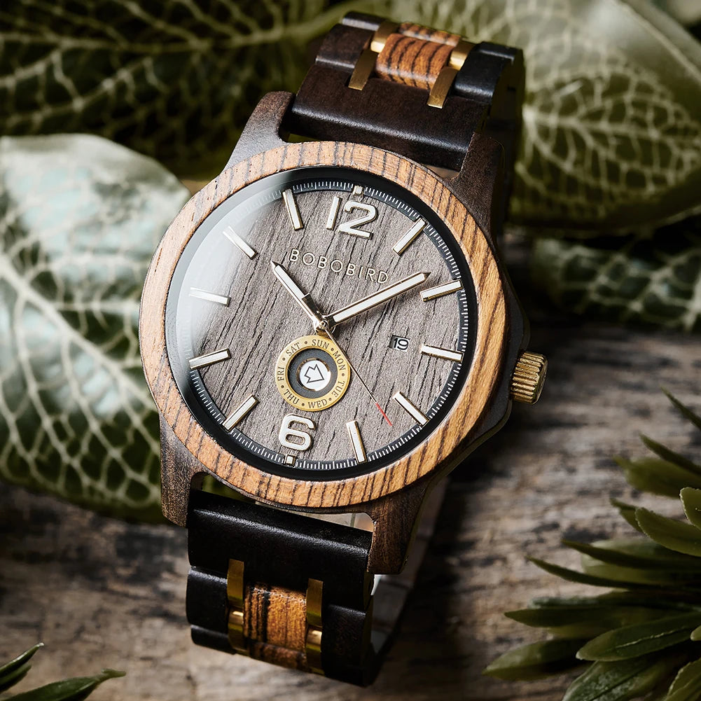 Wooden  Men's Watches BOBOBIRD New Fashion Japanese Movement Quartz Wristwatch Week Date Display Custom Name Brand Great Gift