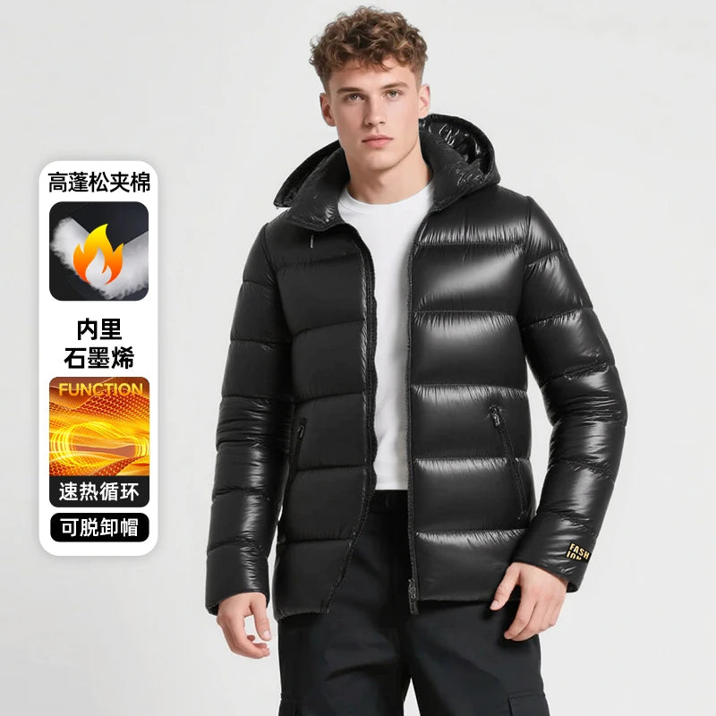 New Glossy Parkas Black Gold Short Cotton Jacket Mens Winter Shiny Parkas Warm Jacket With Hood Casual Quilted Puffer Jackets