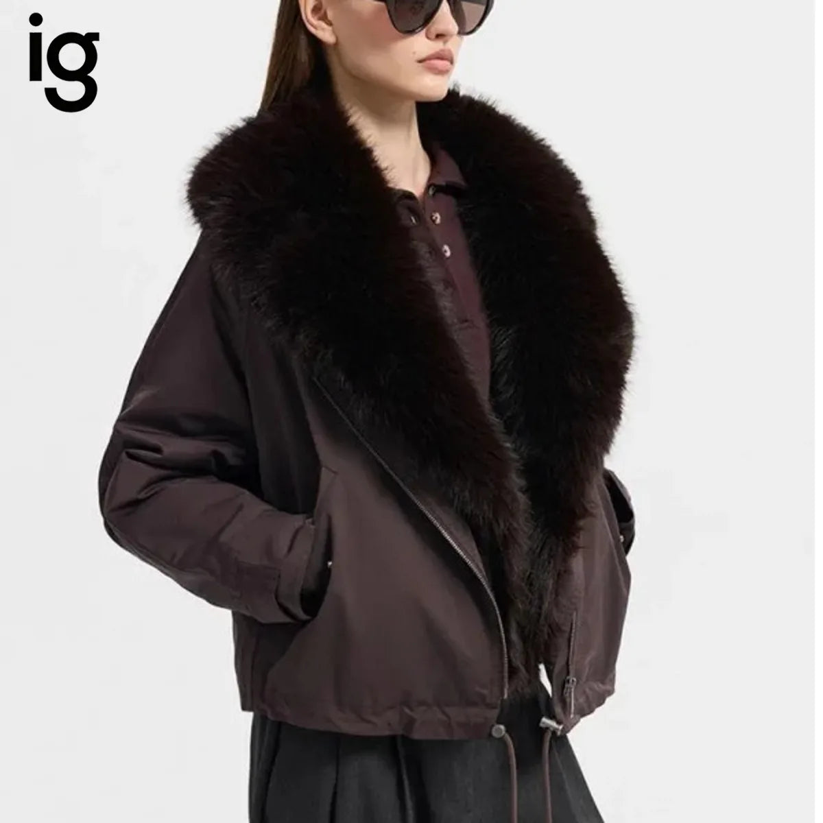 Women's Dark Brown Faux Fur Collar Cropped Biker Parka Jacket