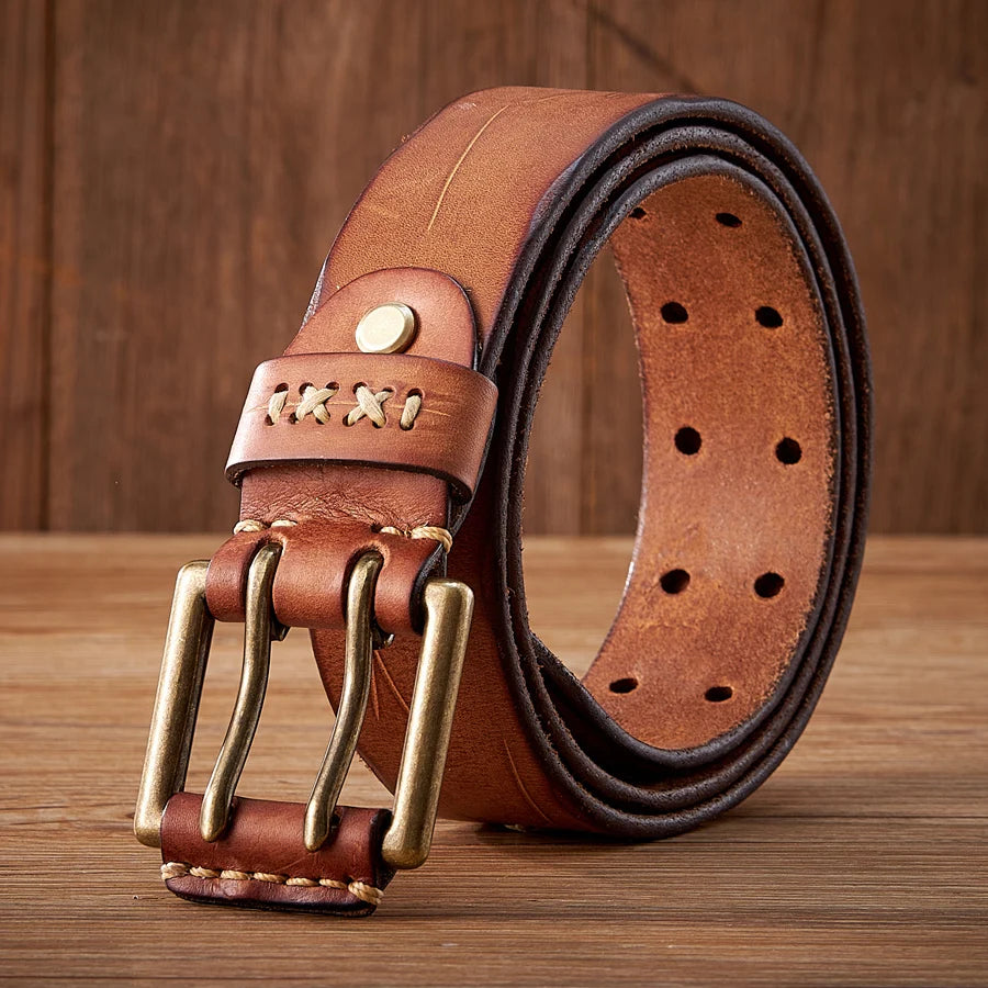 Cinturón táctico militar de cuero genuino original de 3.8 cm con hebilla de doble aguja, cinturón para hombre, estilo desgastado envejecido, cinturón para vaqueros estilo masculino