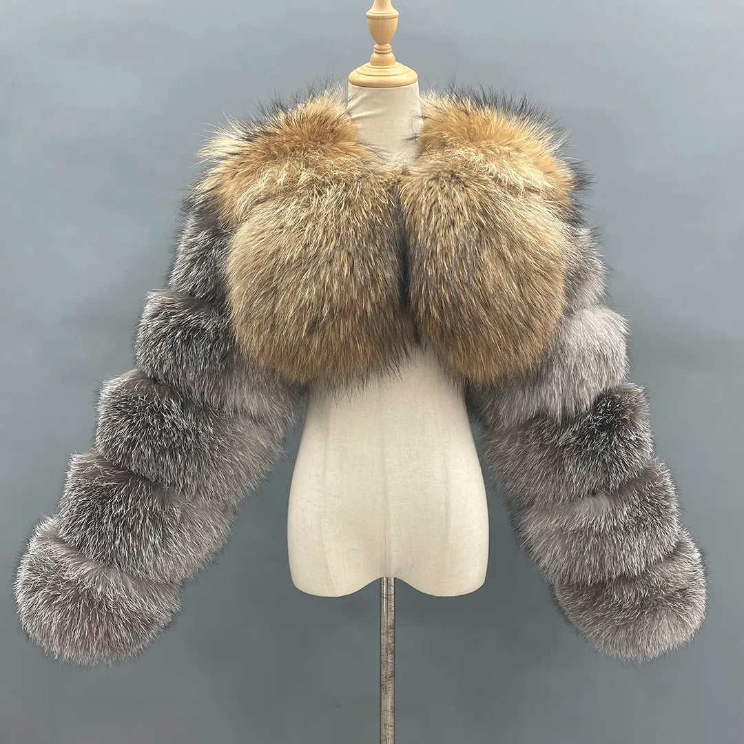 MISSJANEFUR 2022 New Fur Coat Women Cropped Luxury Real Silver Fox Fur Jacket Fashion Warm Custom Natural Raccoon Fur Winter