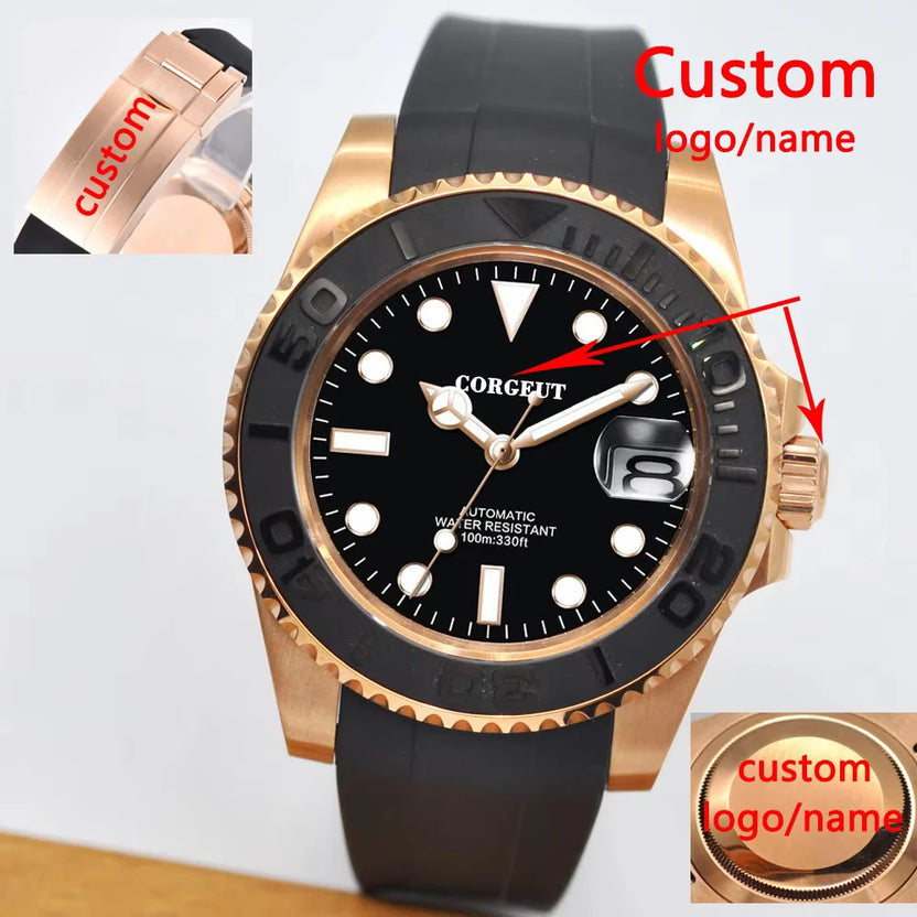 Luksusowy zegarek męski z personalizowanym logo, szafirowym szkłem, mechanizmem automatycznym NH35 Miyota, w kolorze różowego złota, wodoszczelność 10Bar, datownik