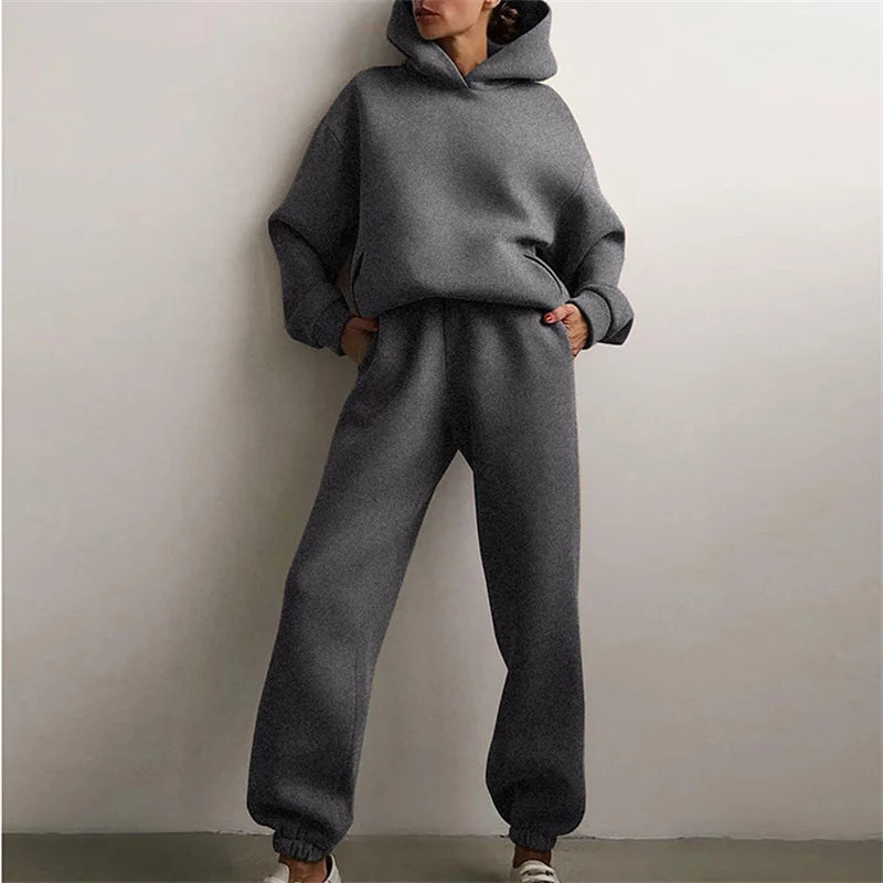 Damski dres jesienny, modna ciepła bluza z kapturem, dwuczęściowy komplet typu oversize, gładki, casualowy, z długimi spodniami