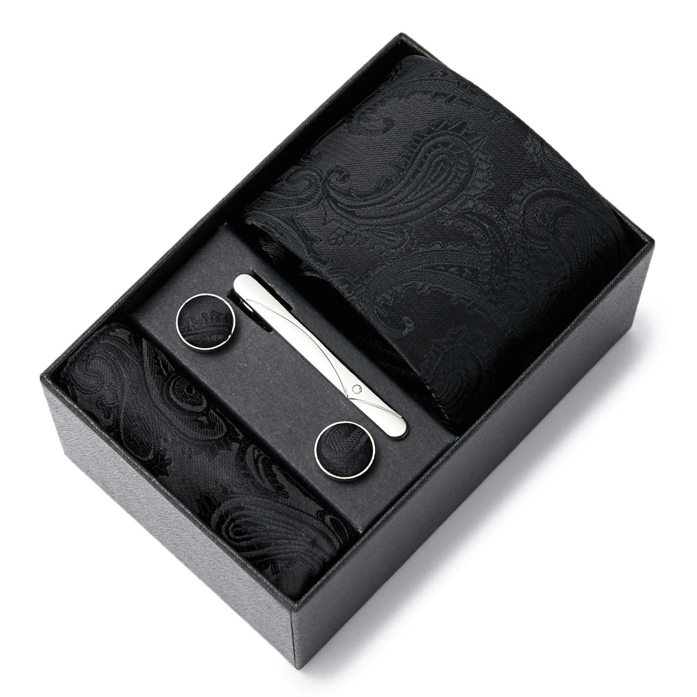 2023 Mode 7,5 cm breite Krawatten-Sets, schwarze Herren-Krawatte, Einstecktuch, Manschettenknöpfe, Krawattenklammer, Box, Hochzeitsgeschenk, handgefertigte Krawatte, Arbeitskleidung