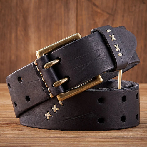 3,8 cm äkta läderbälte militär taktisk stil, bälte med dubbelt nålspänne för män, tvättad look i vintagestil för jeans