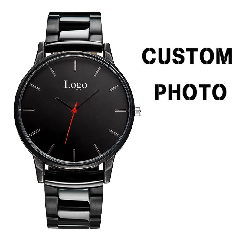 Personal Mark Black Tone Stainless Steel Classic Men's Wristwatch Customized Family Photo Picture Watch Gift Relogio