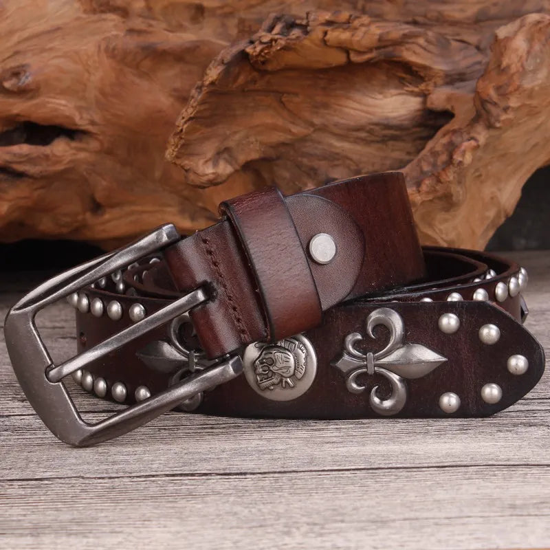 High Quality Metal Rivet Cowboy Belt Top Grain Genuine Leather Cowskin Men Belt Punk Rivet Jeans Belts for Men