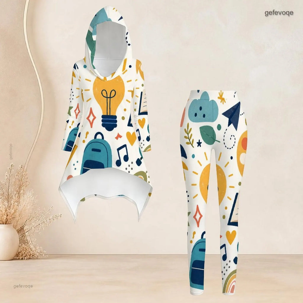 Fashion Women Casual 2 Piece Set Hooded Long Sleeve Hi Lo Asymmetrical Tunic Top Matching High Waist Slim Leggings T Daily Suit