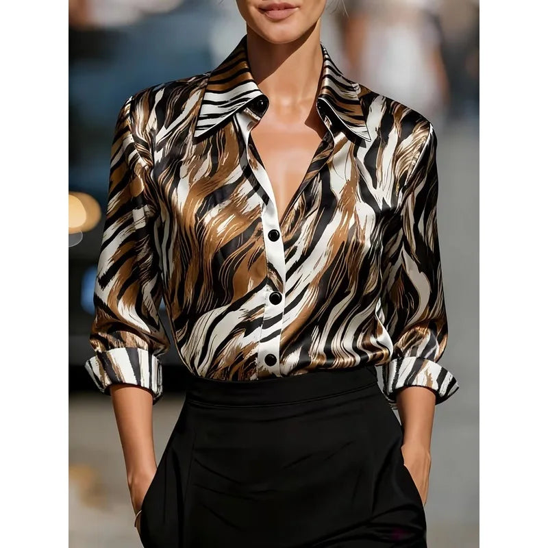 Popular3dPrinted women's satin collared long-sleeve shirt with leopard print, fashionable European and American women's clothing