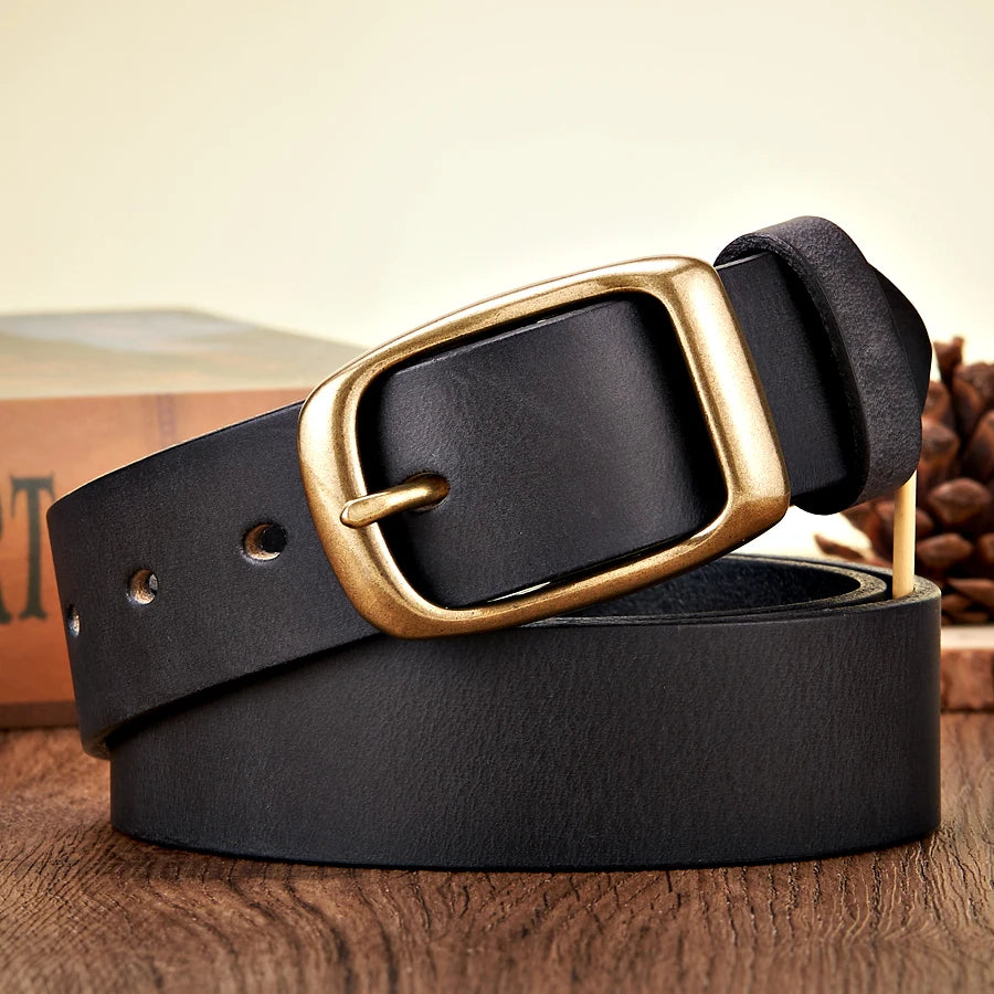 3.3CM Natural Cowskin Genuine Leather Belt Men Casual Copper Buckle Business Male Strap for Jeans Cowboy Cintos