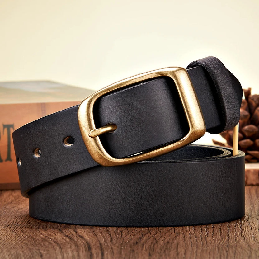 3.3CM High Quality Natural  Cowskin Genuine Leather Belt Men Casual Copper Buckle Business Male Strap for Jeans Cowboy Cintos