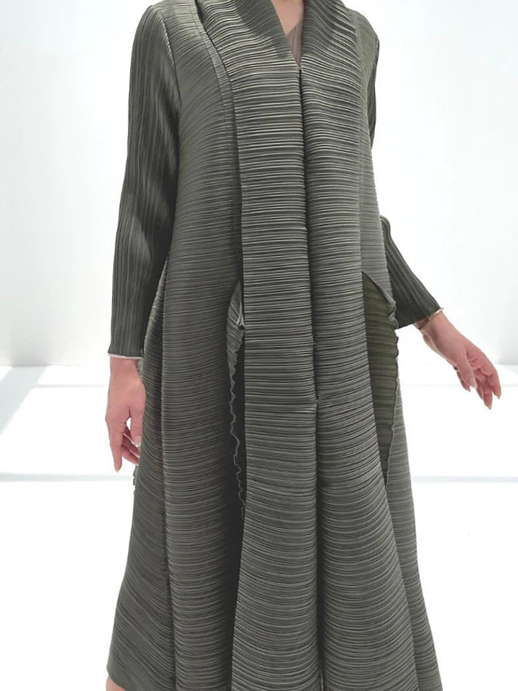 Miyake Pleated Petal Sleeve Dress Lapel Cardigan Sashes High Fashion Loose Long Dresses Fall 2022 Winter Women Designer Clothes