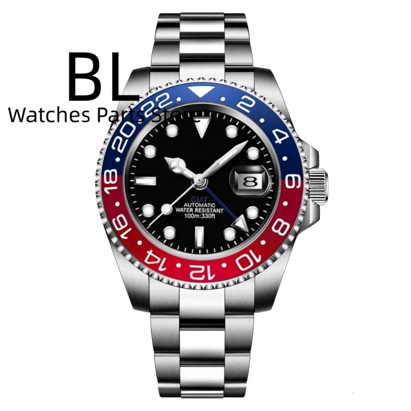 BLIGER 40mm Customizable Logo Blue GMT Watch for Men Black White Dial Green Luminous Sapphire Glass Waterproof Reloj Hombre Date