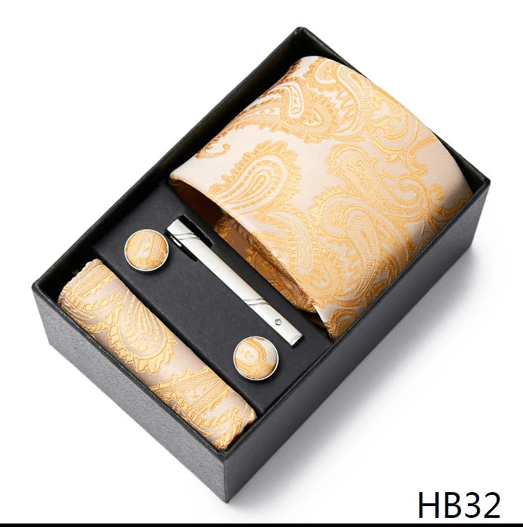 2023 Fashion 7.5 CM Width Tie Sets Black Men's Tie Hankerchiefs Cufflinks Clip Box Wedding Gift Handmade Necktie Work Clothing