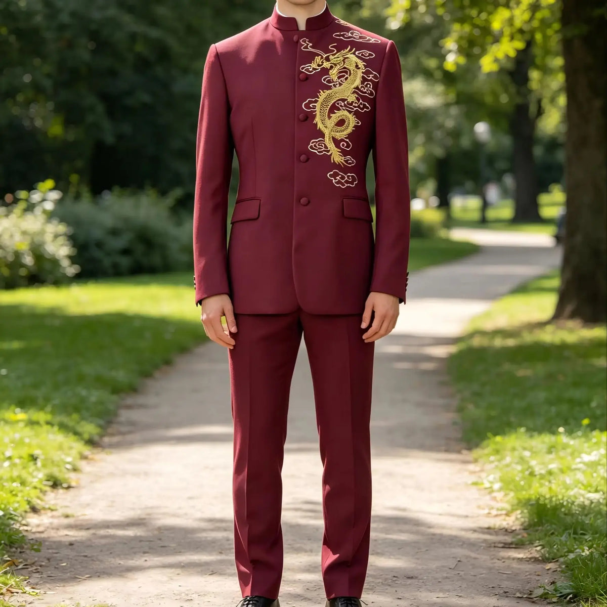 Herren Zhongshan-Anzug 2-teiliges Set Rot bestickt Wunschfarbe Festliches Outfit für Bräutigam Moderator Hochzeit Bühne Party Auftritt