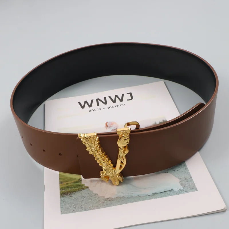 Width 6.5CM Waist Belt Women Metallic Gold Large V-Shaped Cowhide Decoration Versatile Fashion Commuter Dress Jacket Jeans Belt