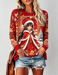 Women Christmas Long Sleeve T‑Shirt Chinese Style Beauty Lantern Plum Blossom Winter Print Crew Neck Tops