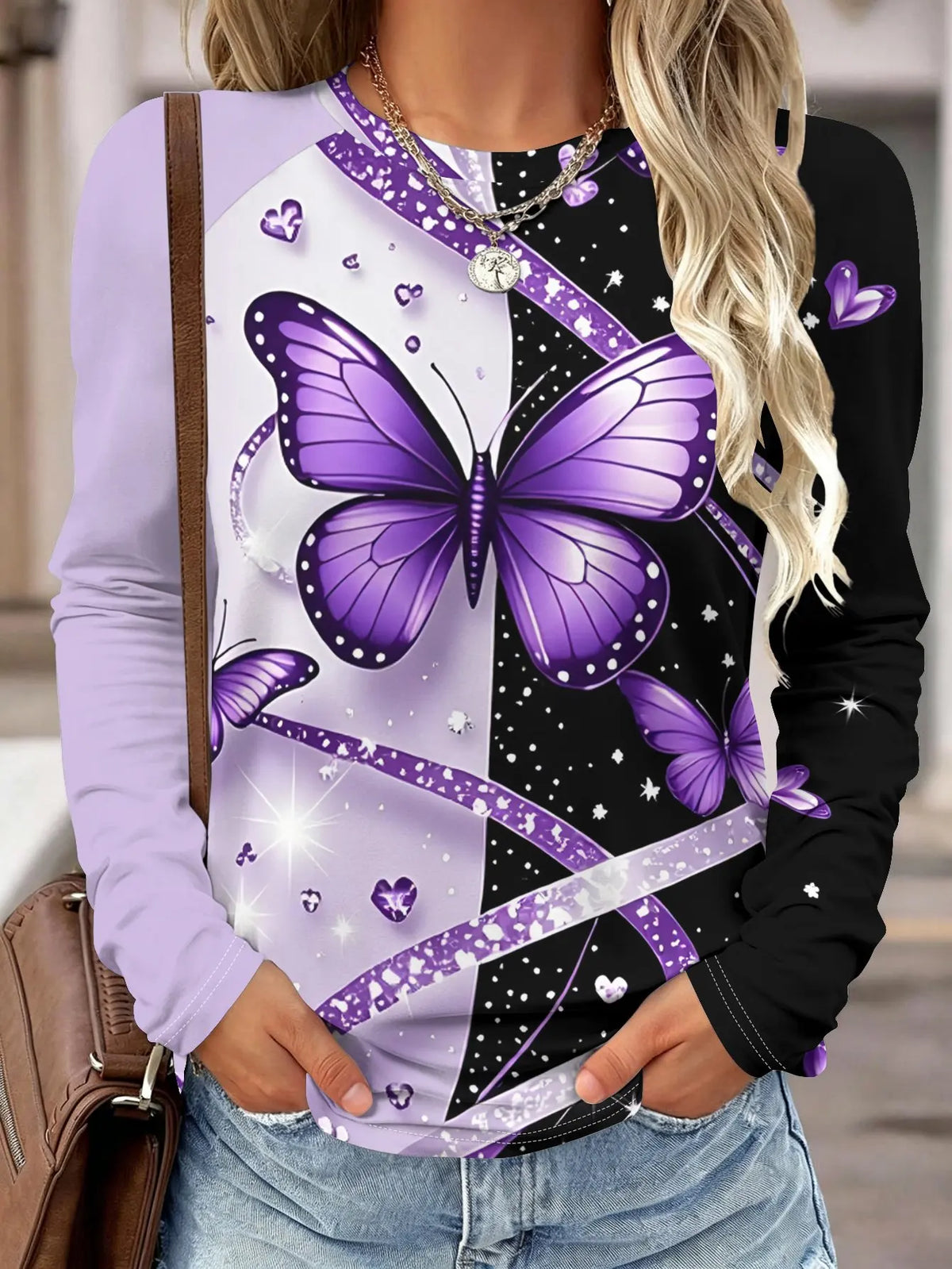 Women Long Sleeve Shirt Neon Rainbow Butterfly Heart Print Round Neck Raglan Casual Fall Tops Women's Clothes