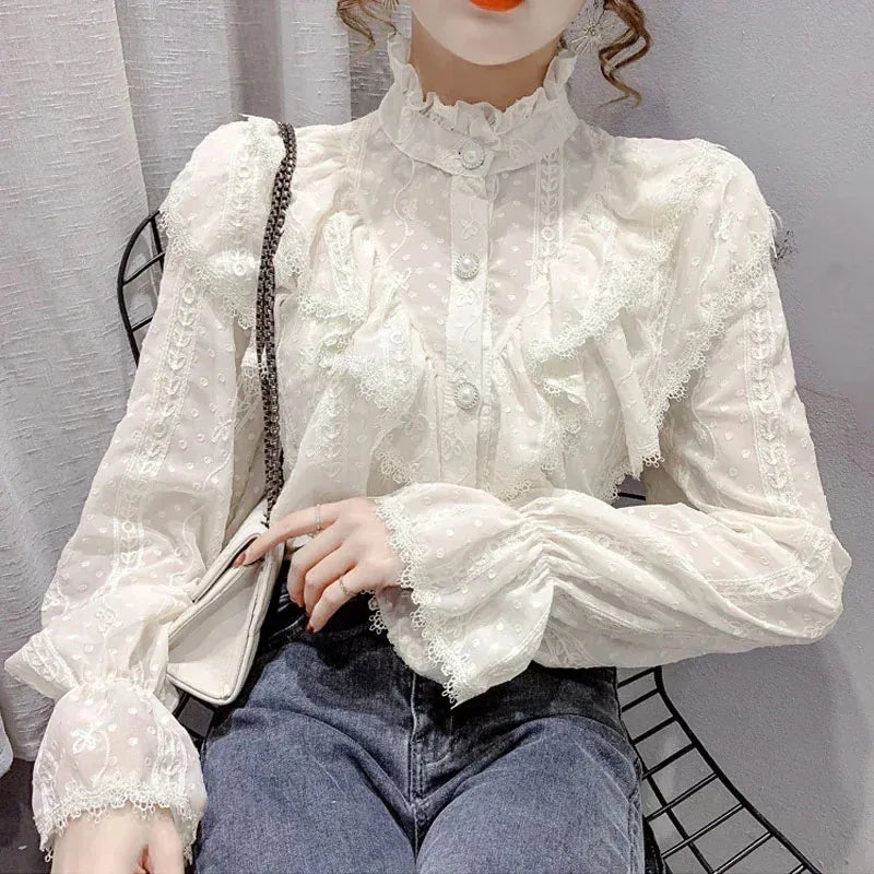 Blusa de chifón blanca de manga larga para mujer con cuello alto y corte holgado
