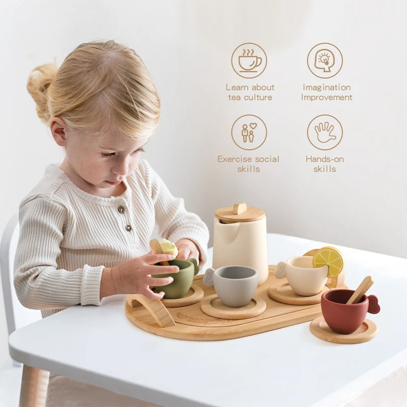 Wooden Montessori Toy Kitchen Set with Teapot and Teacup for Kids