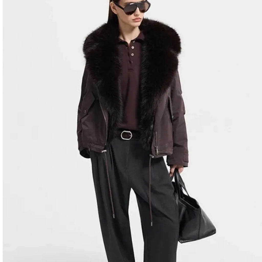 Women's Dark Brown Faux Fur Collar Cropped Biker Parka Jacket