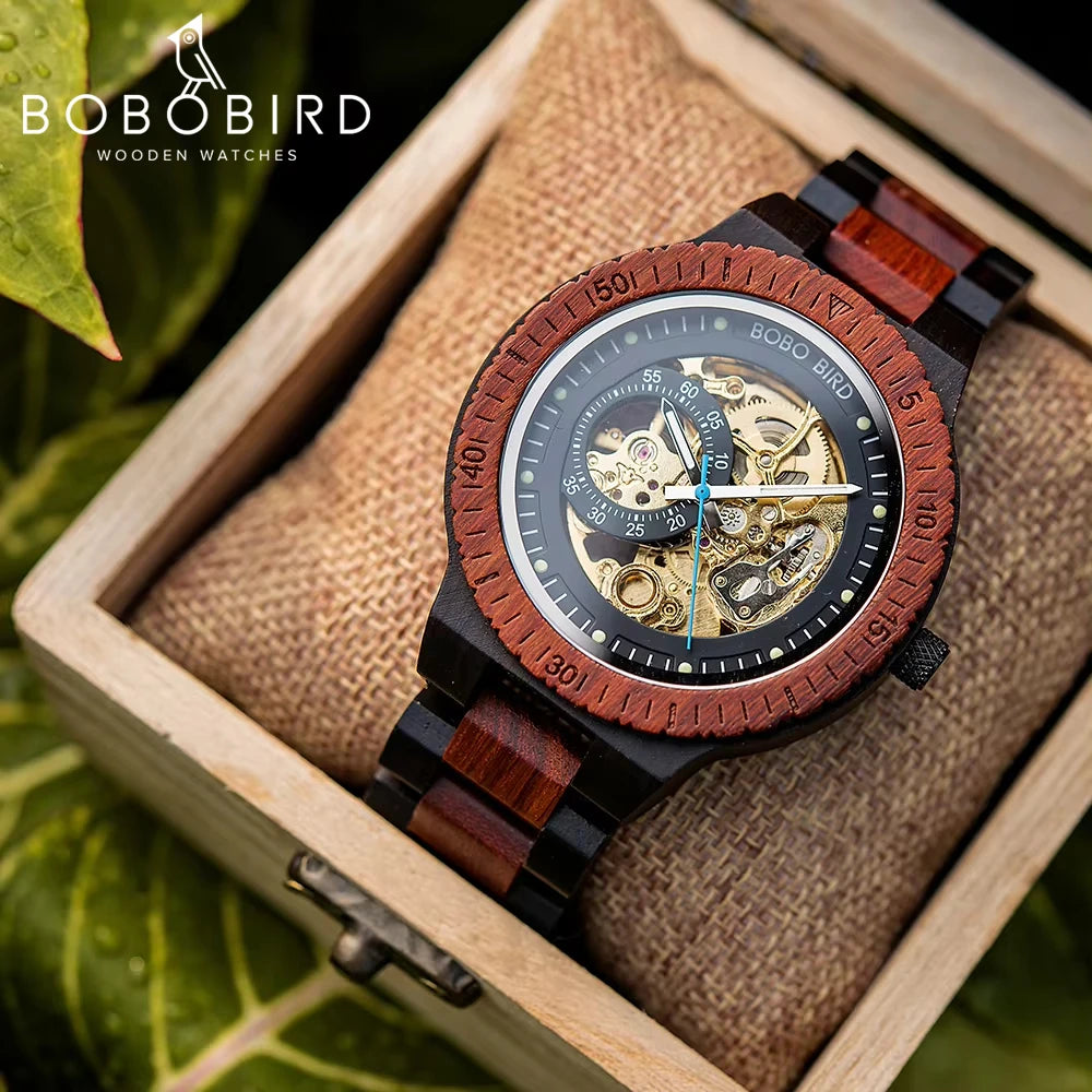 Wooden Automatic Mechanical Watch Men Wristwatch BOBO BIRD Top Fashion Luminous Hands Clock Custom Gift Box Relogio Masculino