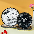 Black White Bow Print Disposable Paper Plates, Happy Birthday Themed Paper Plates for Party and Celebrations