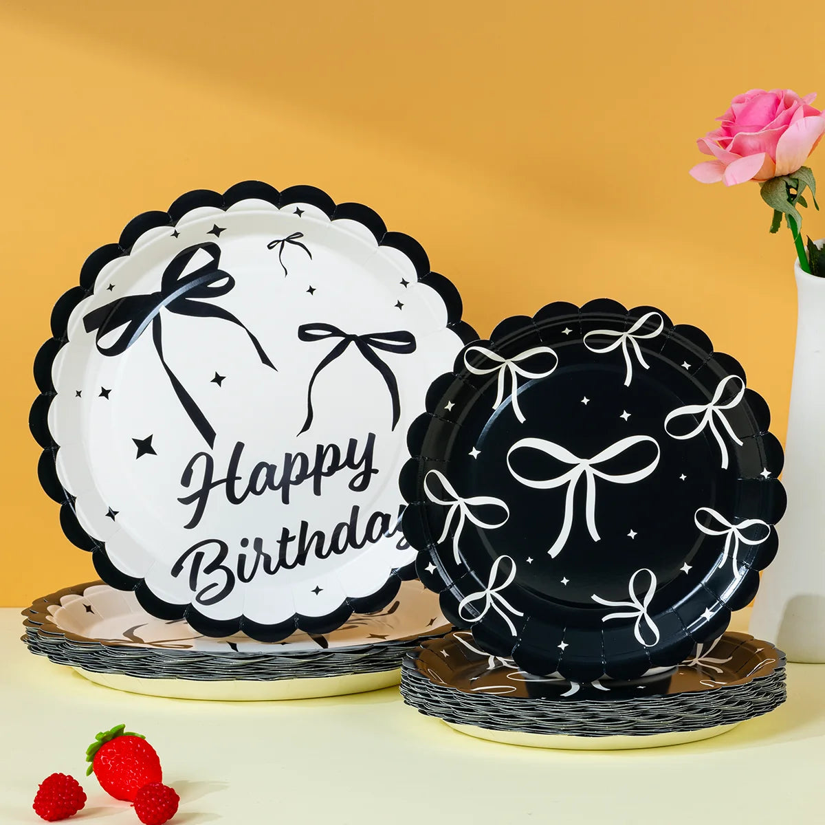 Black White Bow Print Disposable Paper Plates, Happy Birthday Themed Paper Plates for Party and Celebrations