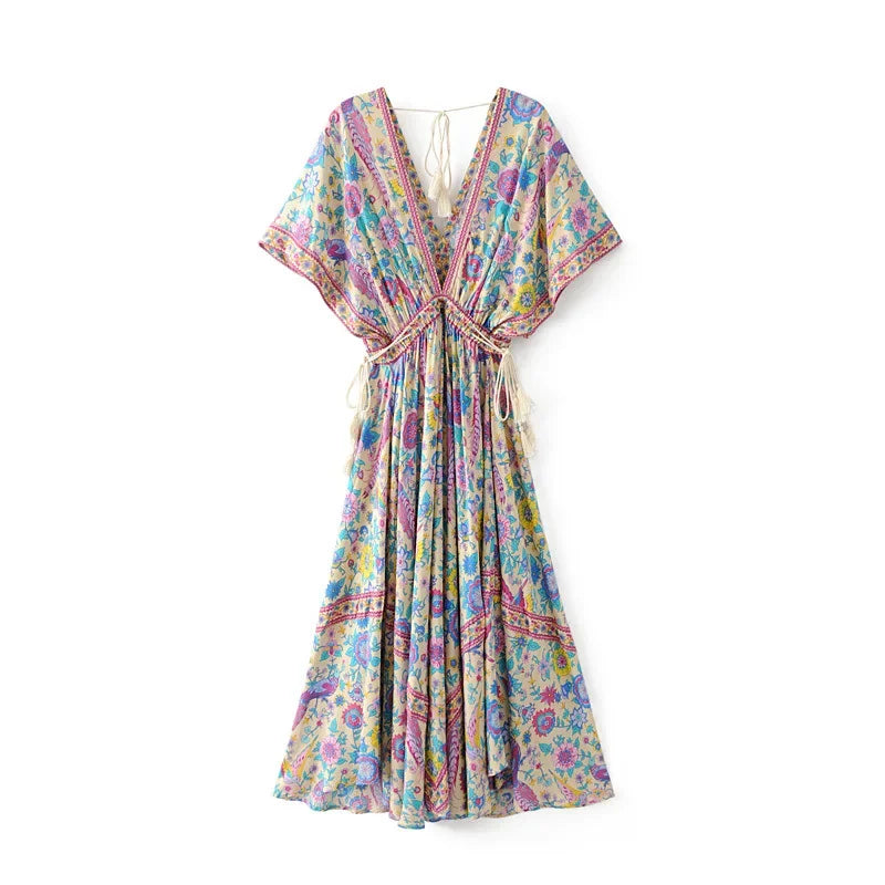Boho Queens Women Peacock Floral Print Bat Sleeve Beach Bohemian  Maxi Dresses Ladies v Neck Tassel Summer Dress Vestidos