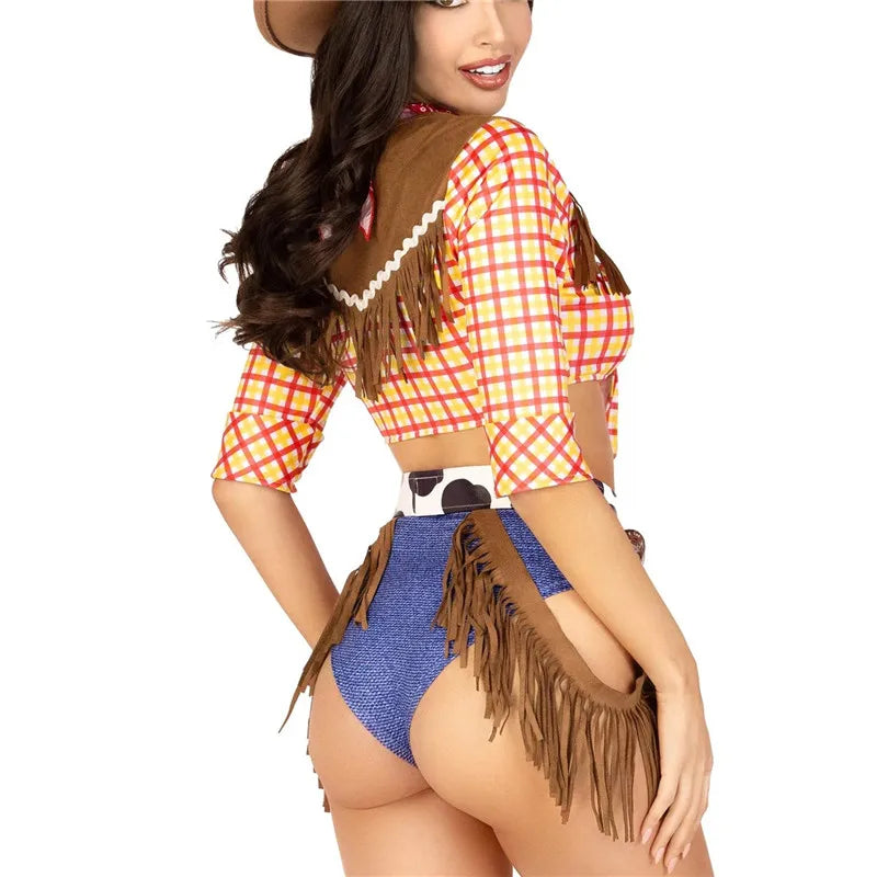 Women Sexy Cowgirl Costume Plaid Fringe Crop Top High Cut Shorts With Bandana Belt Cosplay Outfit Halloween Carnival Party Set