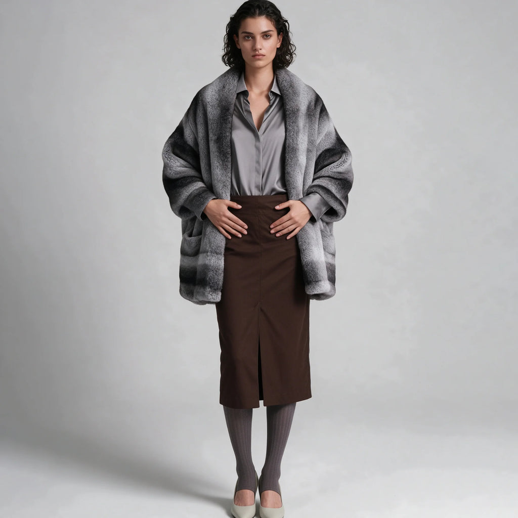 Women's Faux Fur Shawl Cape with Gradient Design and Side Pockets