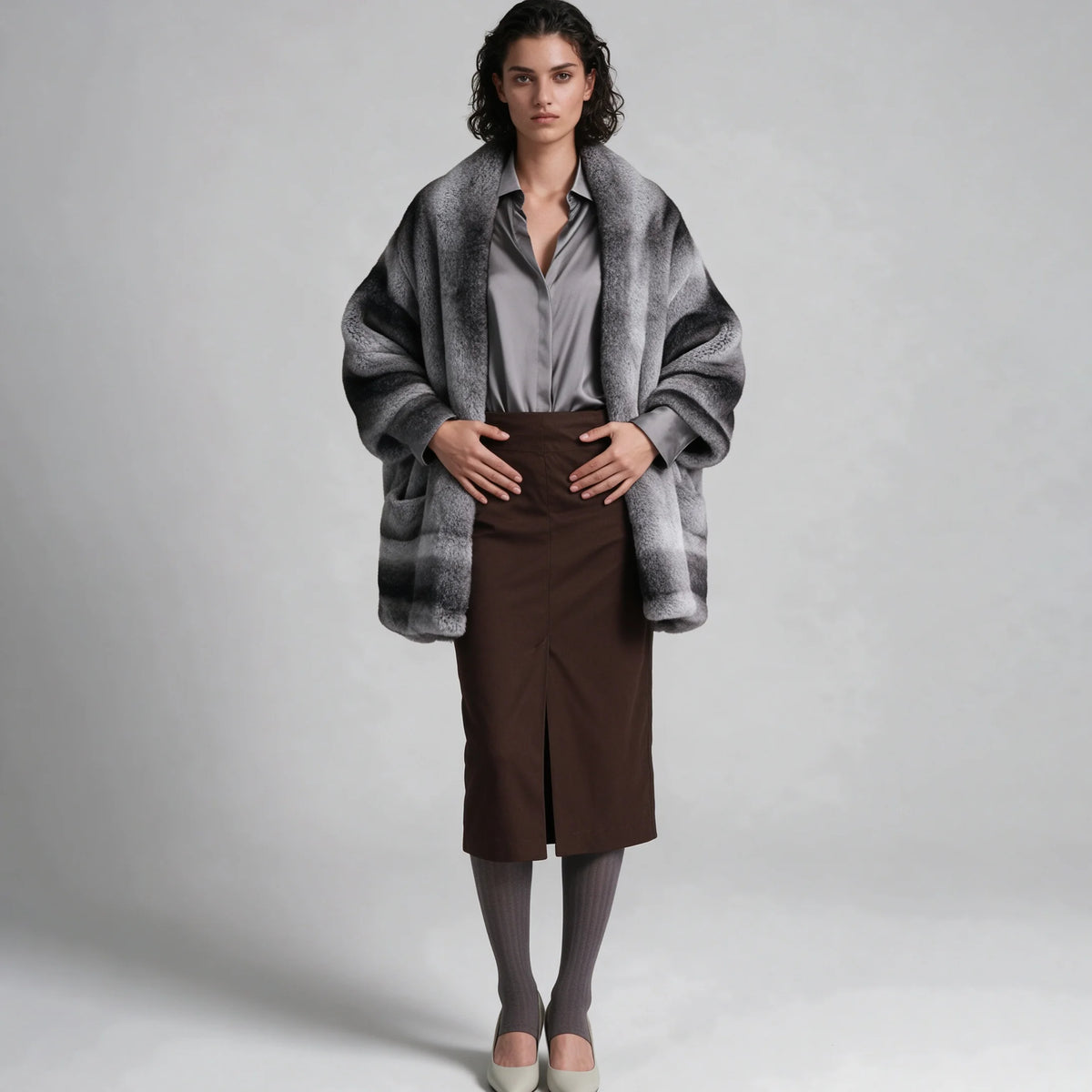 Women's Faux Fur Shawl Cape with Gradient Design and Side Pockets