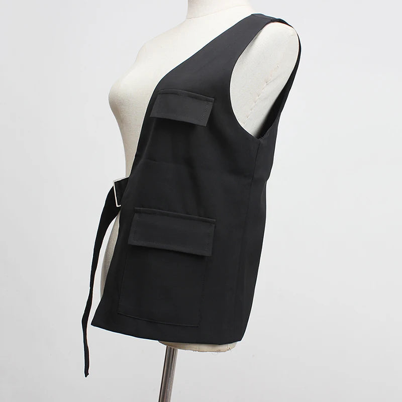 [EAM] Cinturón largo irregular con bolsillo negro, ajustable, personalidad, para mujer, nueva moda, tendencia, combina con todo, primavera, otoño 2026 1DF2075