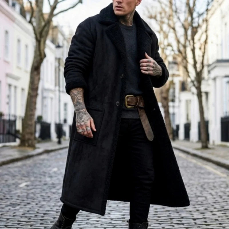 Men's Plus-Size Winter Long Fleece Coat with Turn-Down Collar