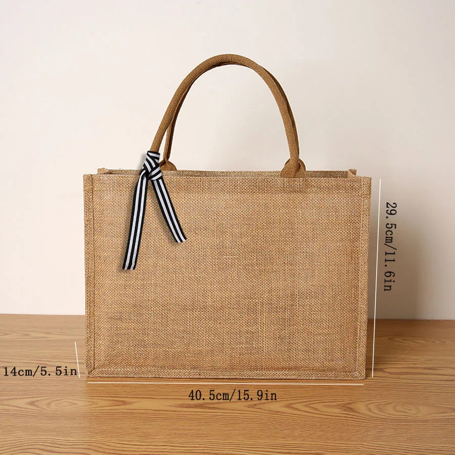 Women's Jute Tote Bag Large Capacity Shopping Bag Travel Storage Bag Open Mouth Men's Handbag