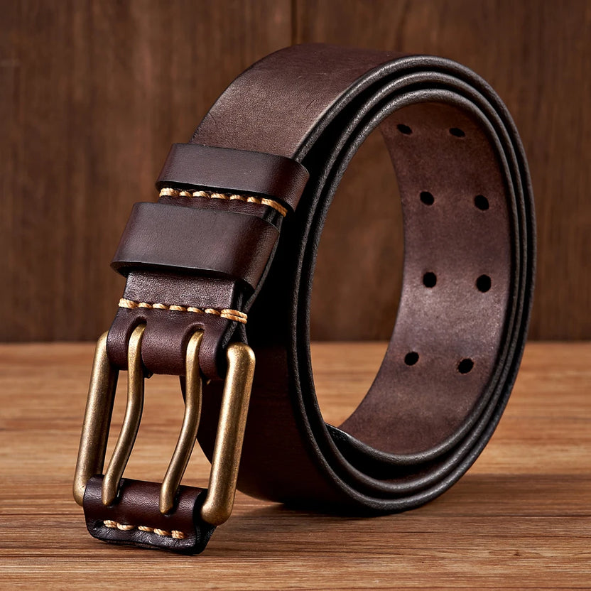 3.8cm Wide Vintage Men's Belt Cowhide Genuine Leather Belt Copper Double Needle Buckle Handmade Jeans Belt Fashion Male Strap