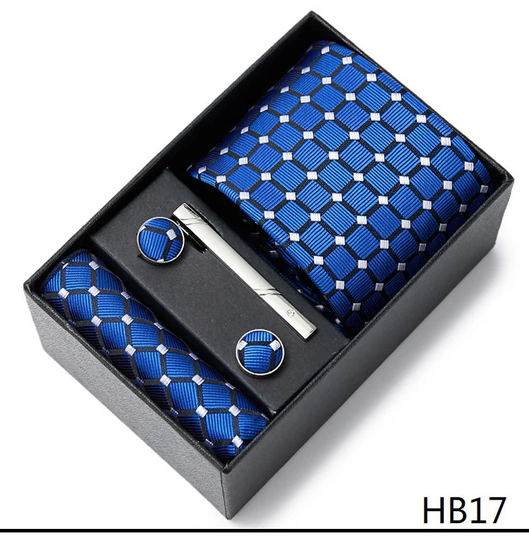 2023 Mode 7,5 cm breite Krawatten-Sets, schwarze Herren-Krawatte, Einstecktuch, Manschettenknöpfe, Krawattenklammer, Box, Hochzeitsgeschenk, handgefertigte Krawatte, Arbeitskleidung