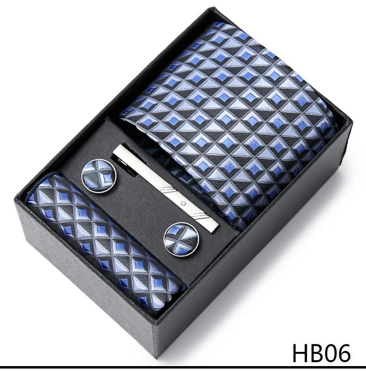 2023 Mode 7,5 cm breite Krawatten-Sets, schwarze Herren-Krawatte, Einstecktuch, Manschettenknöpfe, Krawattenklammer, Box, Hochzeitsgeschenk, handgefertigte Krawatte, Arbeitskleidung