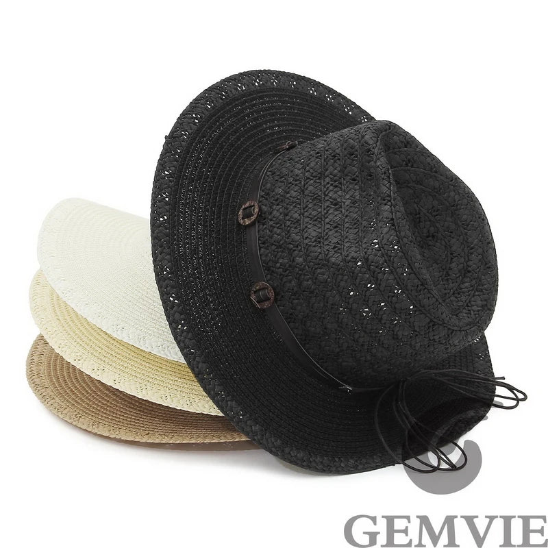 GEMVIE New Summer Hat Panama Hats Hollow Out Straw Hat for Men Women Leather Ribbon Large Brim Sun Beach Hat Jazz Cap Fedora