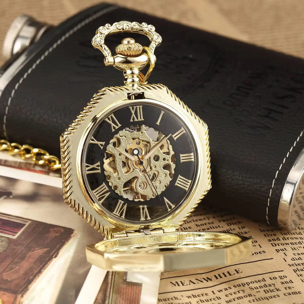 Classic Hexagonal Mechanical Pocket Watch FOB Chain Steampunk Roman Dial Skeleton Gold Hollow Steel Men's Pocket Watch