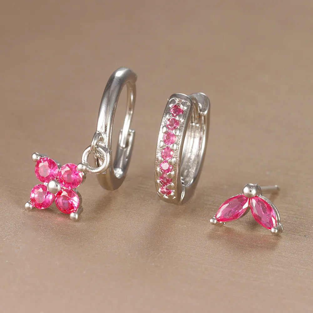 Pendientes de acero inoxidable con forma de flor y circonitas para mujer - Set de 3 piezas
