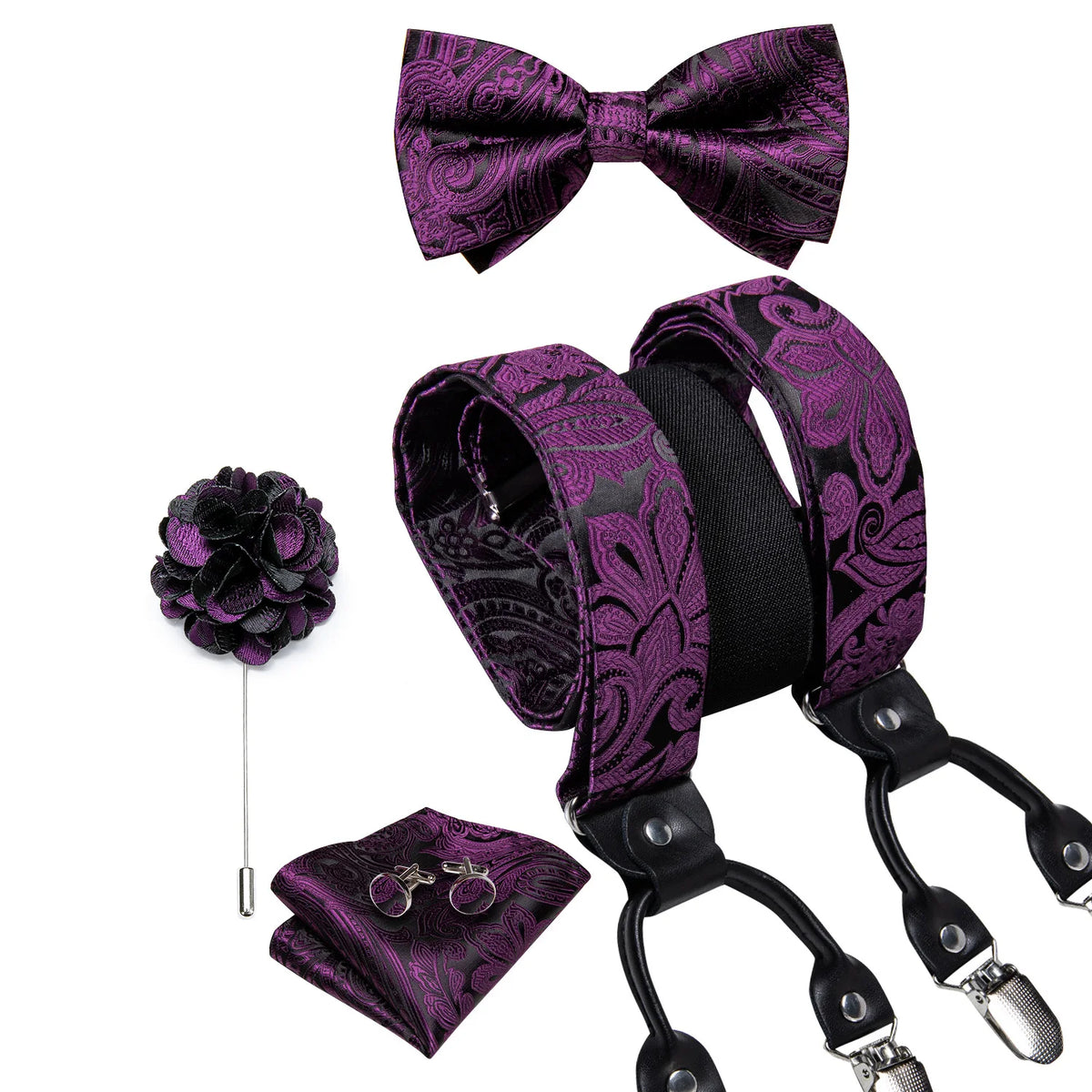 Luxury White Men's Suspenders Adjustable 6 Clips Braces DiBanGu Leather Metal Pre-Tied Bow Tie Brooch Pocket Square Set