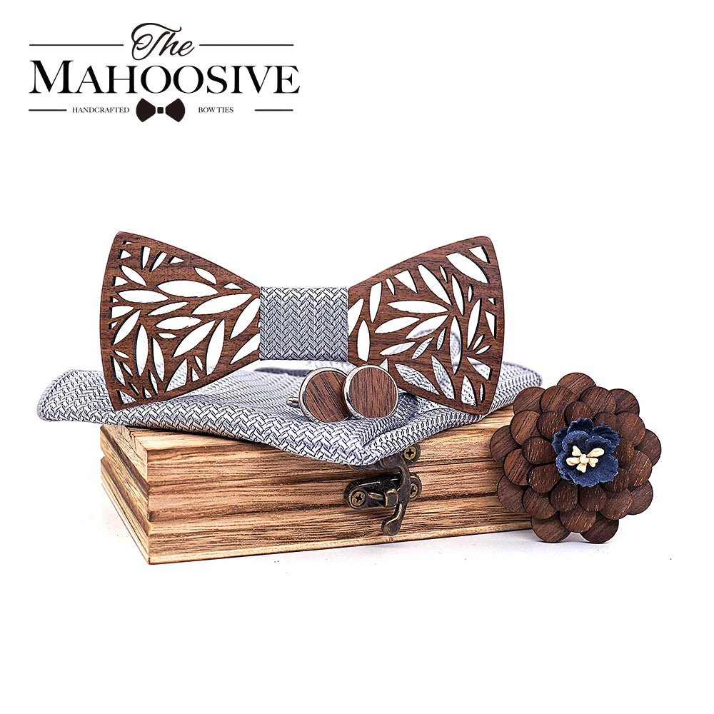 Wooden Bow Tie Handkerchief Set Men's Plaid Bowtie Wood Hollow Carved Cut Out Floral Design and Box Fashion Novelty Men Ties
